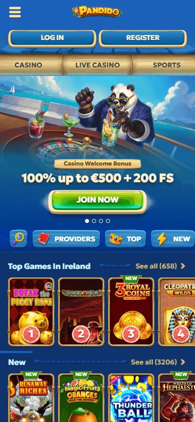 Pandido Casino mobile website with casino and sportsbook access