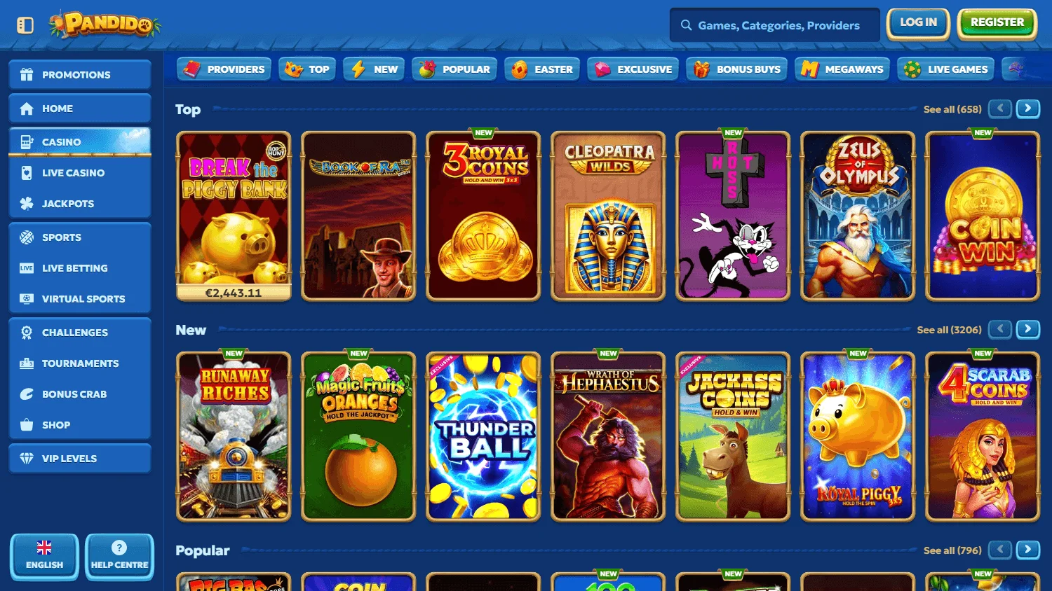 Pandido Casino desktop games area with slots and casino categories