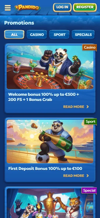 Pandido Casino mobile promotions area with reloads and reward offers