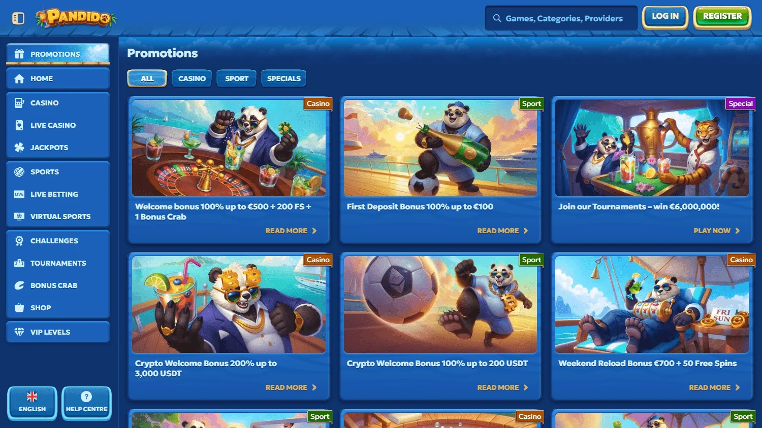 Pandido Casino desktop promotions area with bonuses and rewards