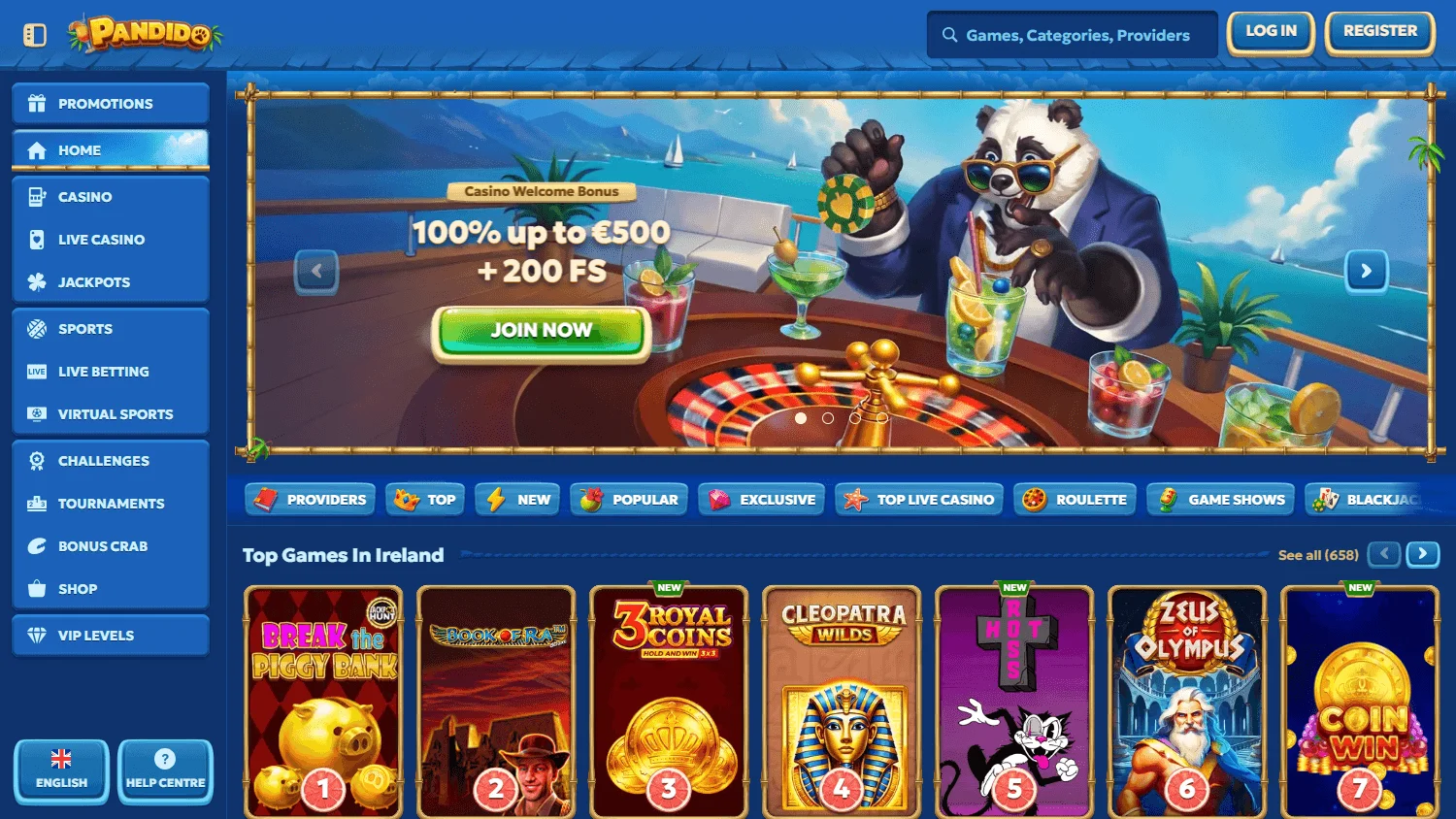 Pandido Casino desktop home experience with casino and sportsbook access