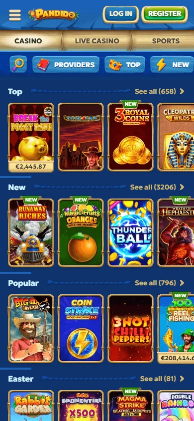 Pandido Casino mobile games area with slots and live casino options